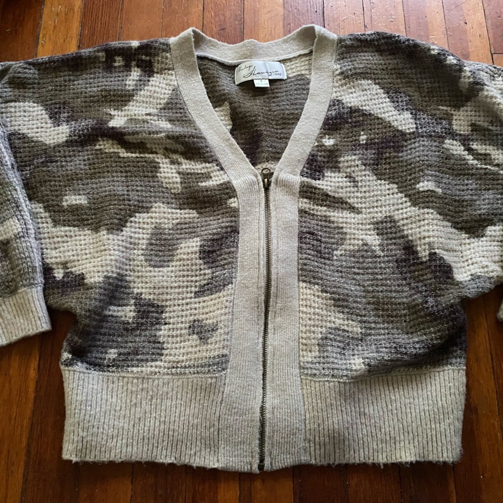 Vintage Havana Knit Zip Cardigan in Taupe & Olive Camo camoflauge sweater